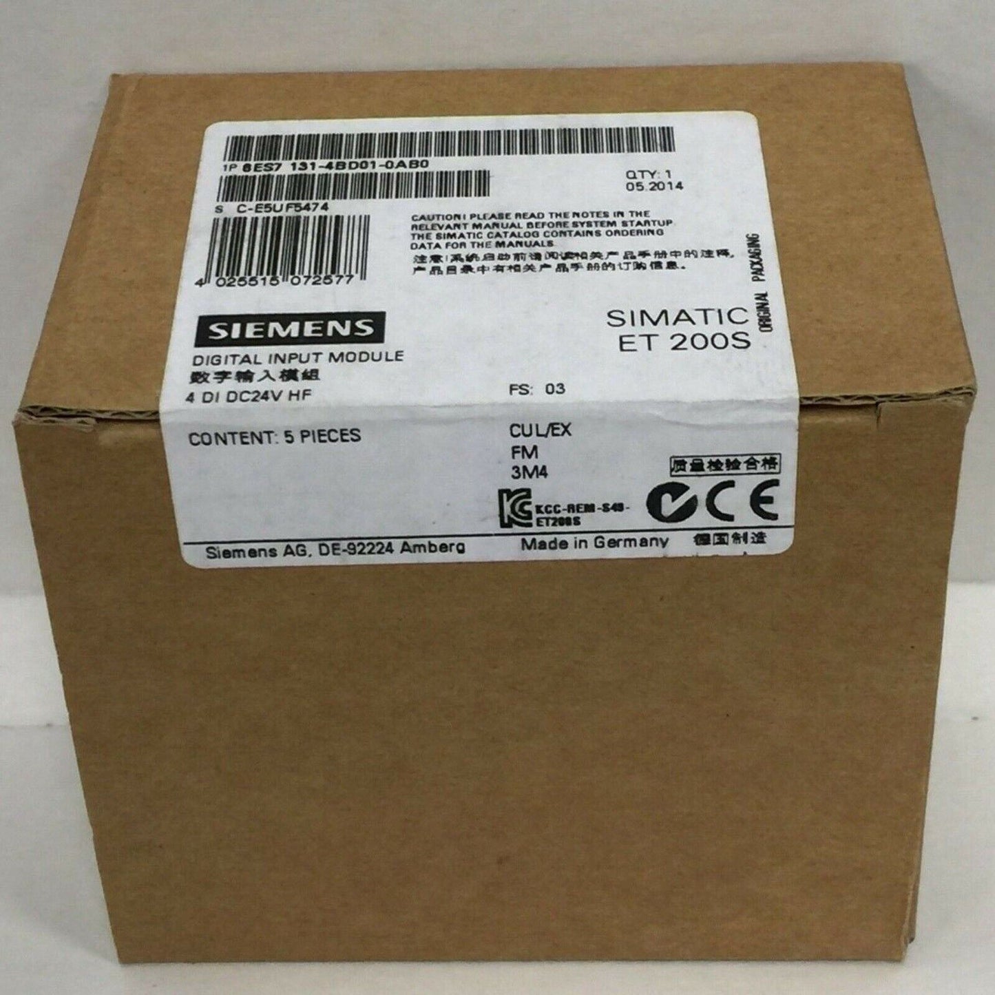 SIMATIC ET 200S Digital Input Module box, Siemens, 6ES7131-4BD01-0AB0, packaging, Made in Germany.