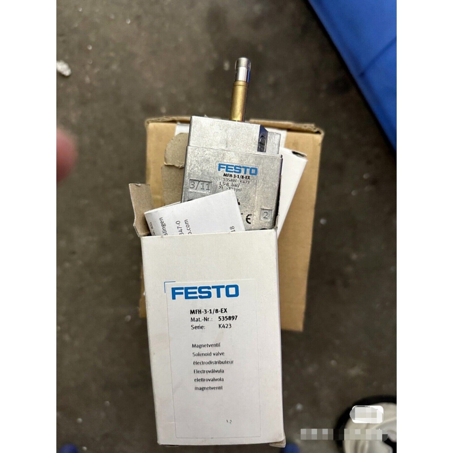 Festo MFH-3-1/8-EX solenoid valve in its original packaging. Model number 535897, K423 series, 1.5-8 bar.