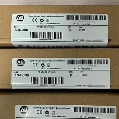 Allen-Bradley 1756-DNB ControlLogix module label, U.S.A. product, CAT, SER, FW details.