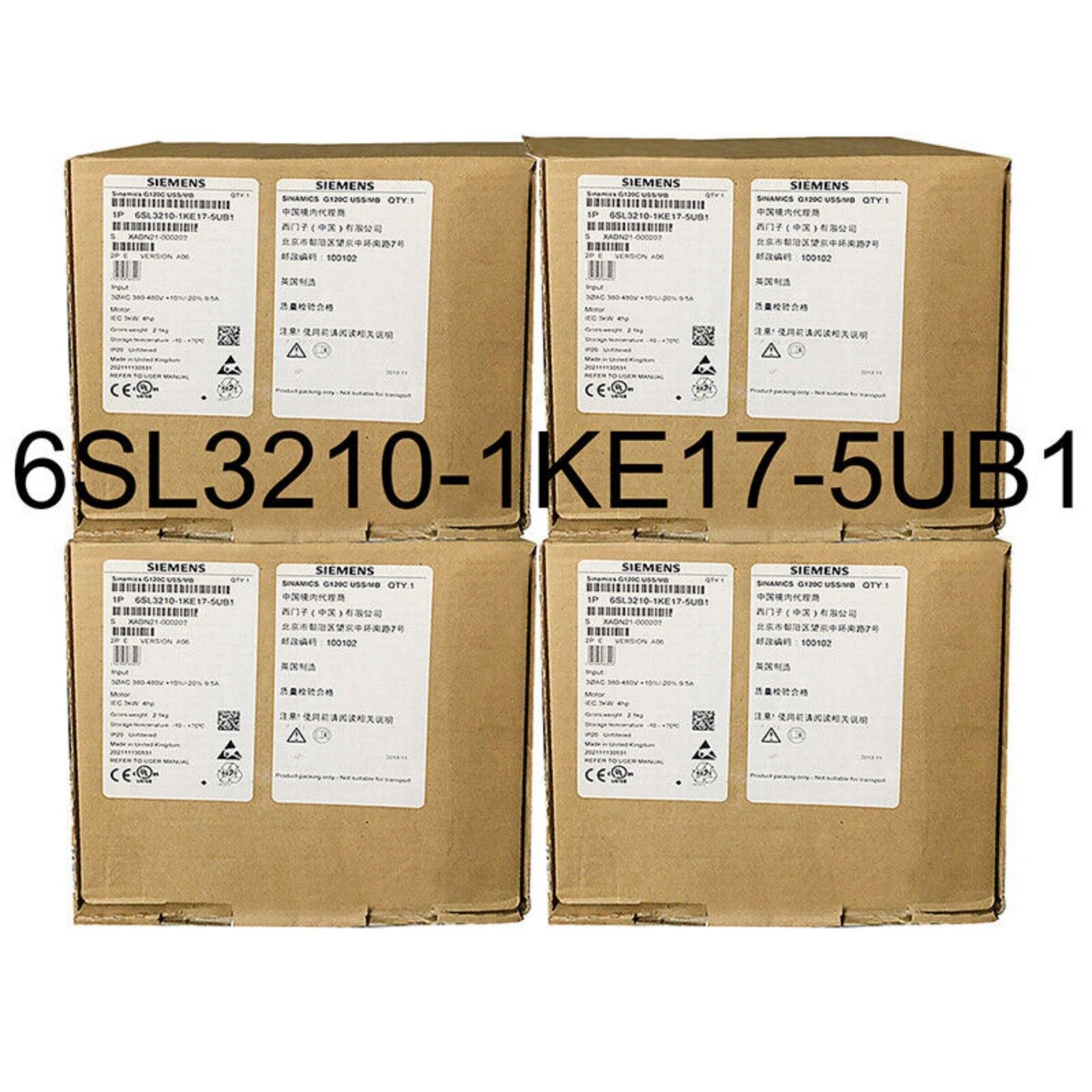 Siemens SINAMICS G120C PLC module 6SL3210-1KE17-5UB1, industrial automation part, product packaging.