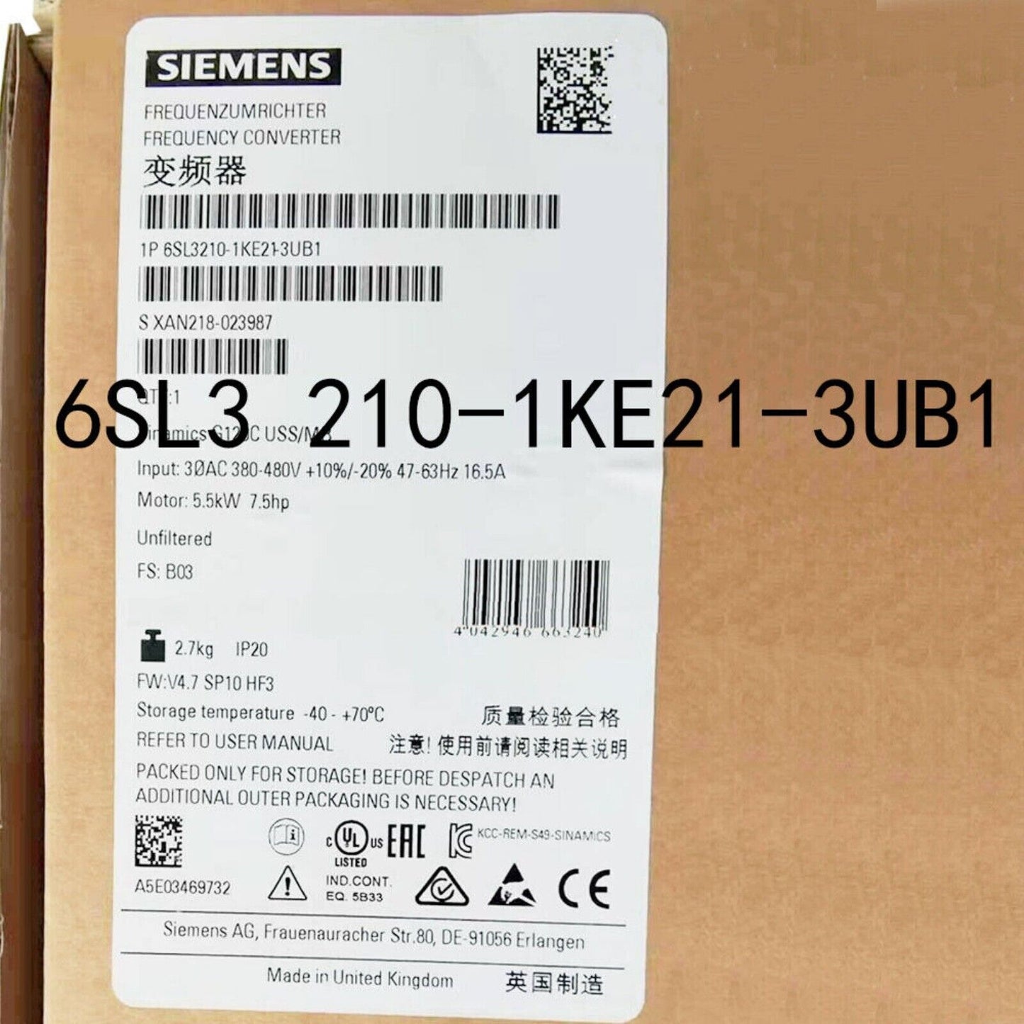 Siemens SINAMICS G120C 6SL3210-1KE21-3UB1 frequency converter PLC module, industrial automation part