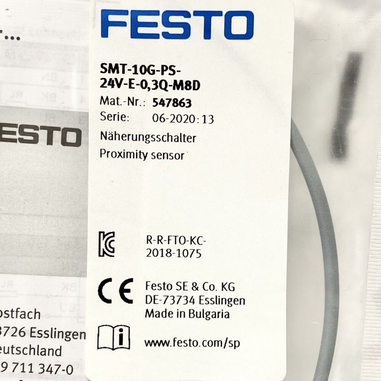 Festo SMT-10G-PS-24V-E-0,3Q-M8D proximity sensor with cable, industrial automation part, 547863.