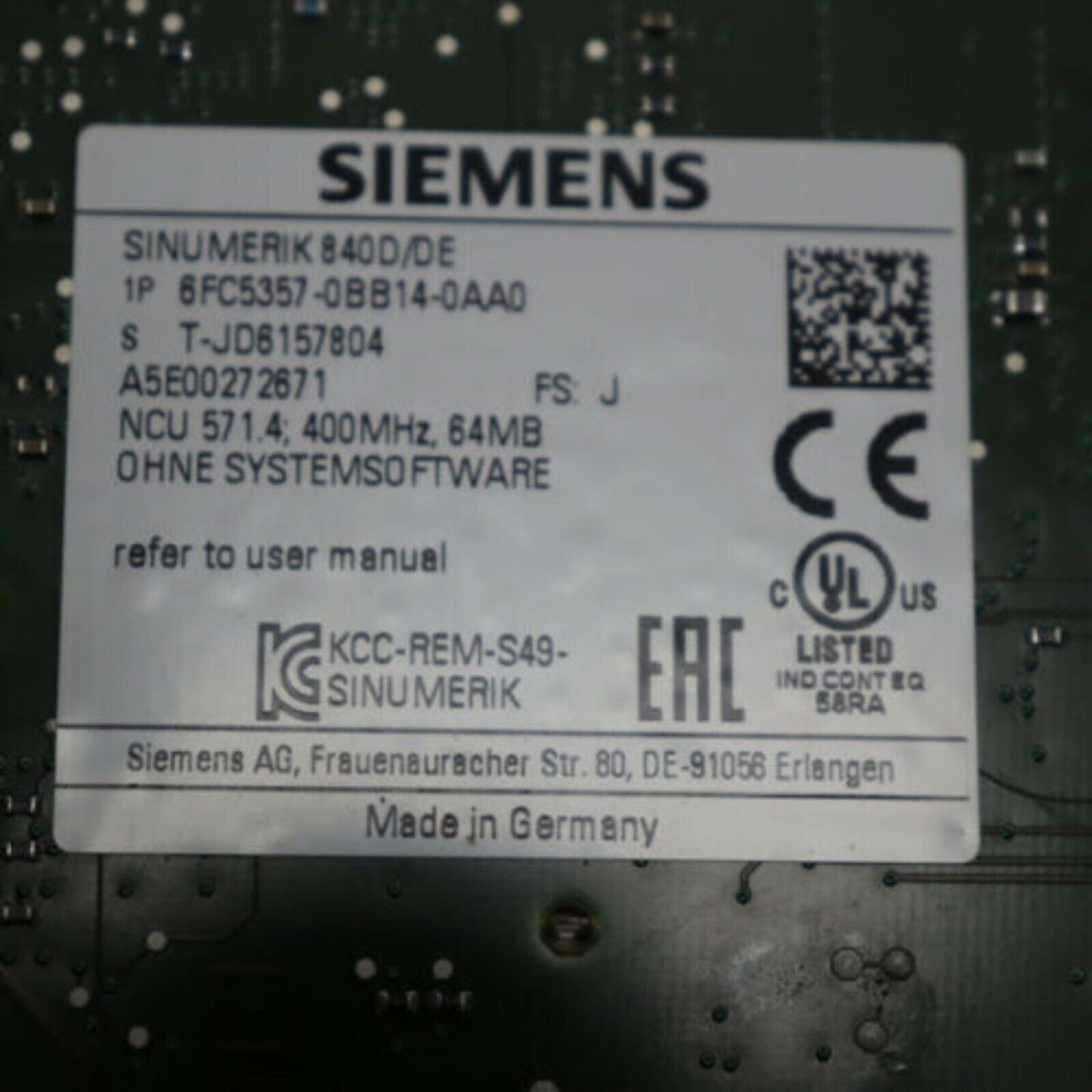 Siemens SINUMERIK 840D/DE NCU 571.4 PLC Module, 6FC5357-0BB14-0AA0, industrial automation part