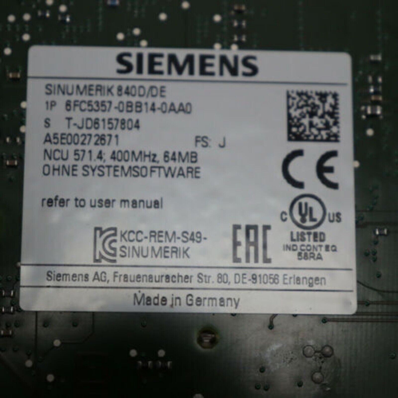 Siemens SINUMERIK 840D/DE NCU 571.4 PLC Module, 6FC5357-0BB14-0AA0, industrial automation part