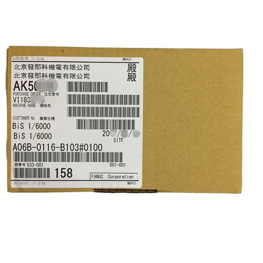FANUC A06B-0116-B103#0100 Servo Motor package label with product information and specifications.