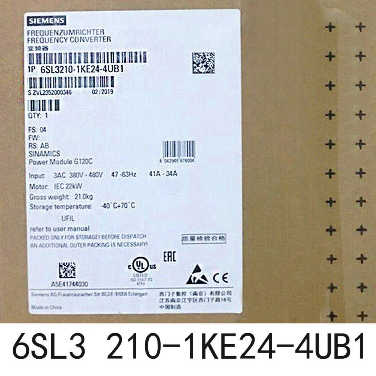 Siemens SINAMICS G120C Inverter 6SL3210-1KE24-4UB1 label, industrial automation part