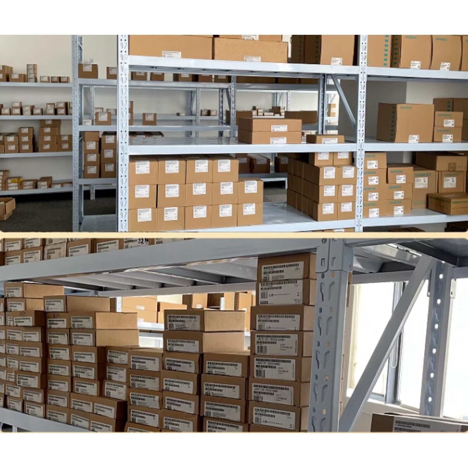 Warehouse storage of Siemens SINAMICS G120 PM240 Power Module and other industrial automation parts, ready for shipping.