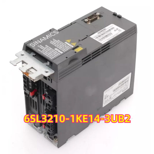 Siemens SINAMICS G120C 6SL3210-1KE14-3UB2 PLC Module, industrial automation part, gray with red connectors.