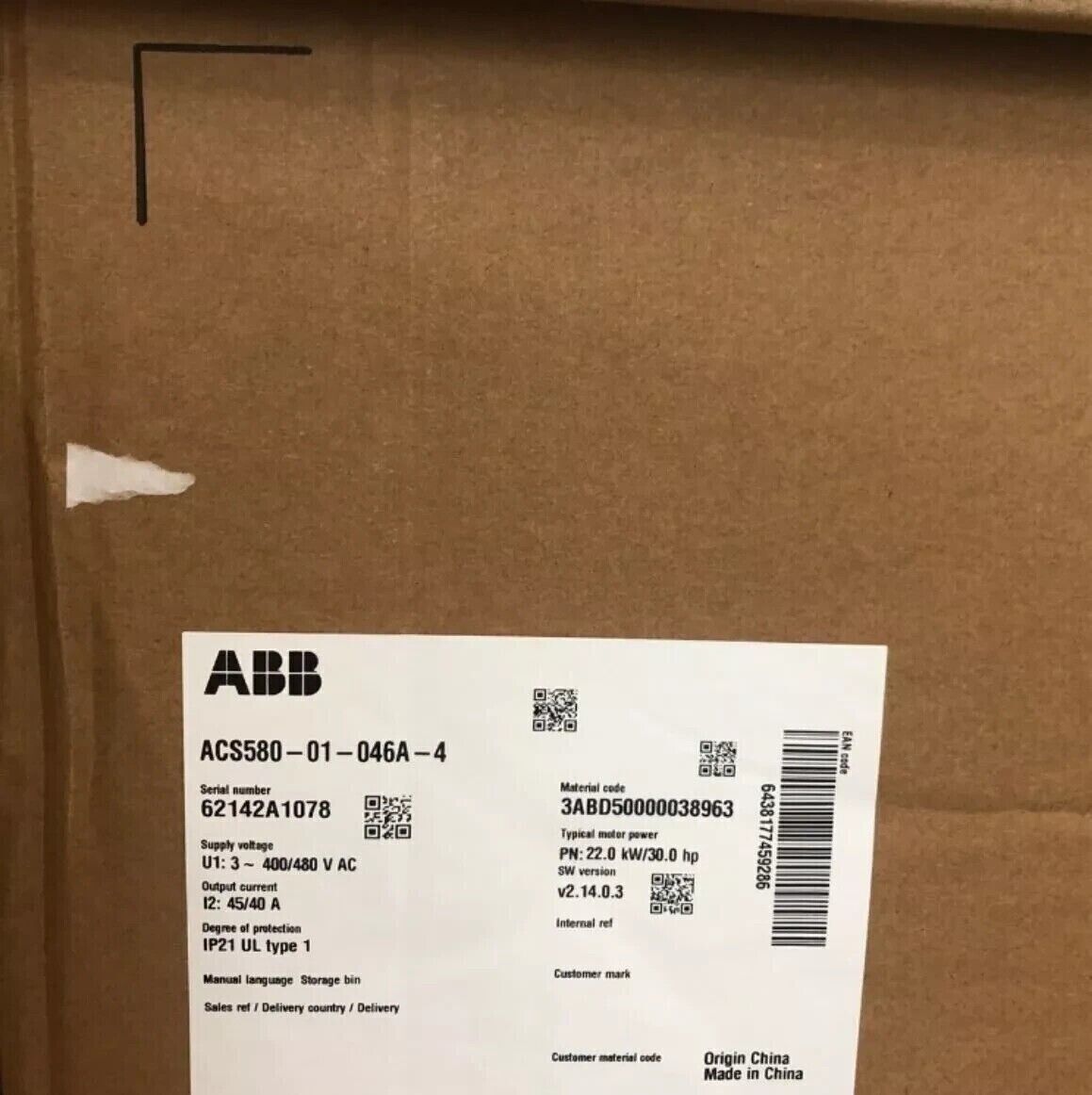 ABB ACS580-01-046A-4 frequency converter label with specifications and origin: China.