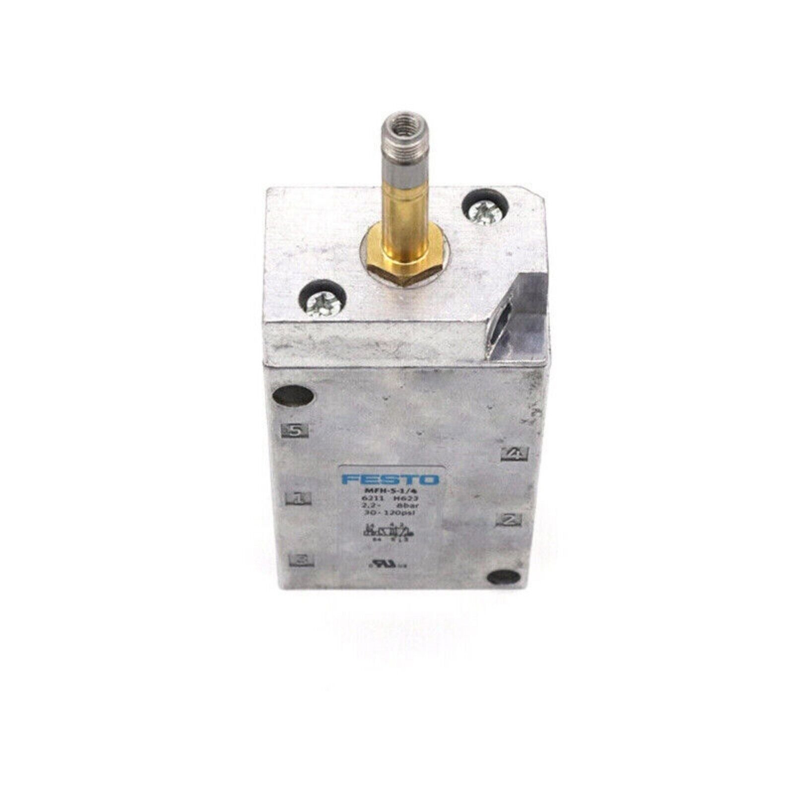 Festo MFH-5-1/4 6211 Solenoid Valve, pneumatic automation part, silver and brass detail.