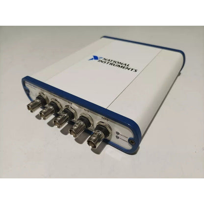 National Instruments USB-4431 data acquisition device, white and blue, BNC connectors for sound and vibration.