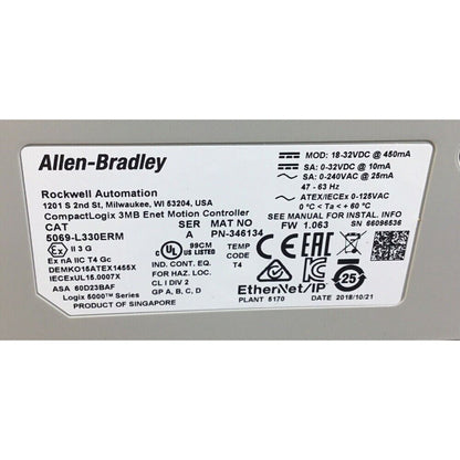 Allen-Bradley CompactLogix 5069-L330ERM Enet Motion Controller Label