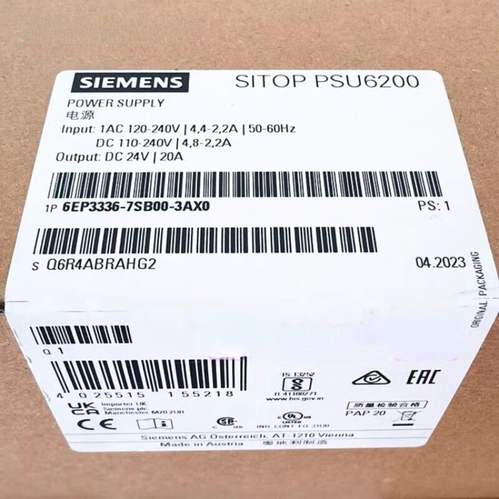 Siemens SITOP PSU6200 Power Supply 6EP3336-7SB00-3AX0, DC 24V/20A industrial automation part label