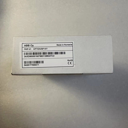 ABB FEIP-21 Ethernet/IP Adapter Module box with product details and Made in Romania label.