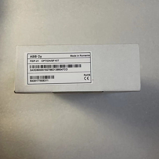 ABB FEIP-21 Ethernet/IP Adapter Module box with product details and Made in Romania label.