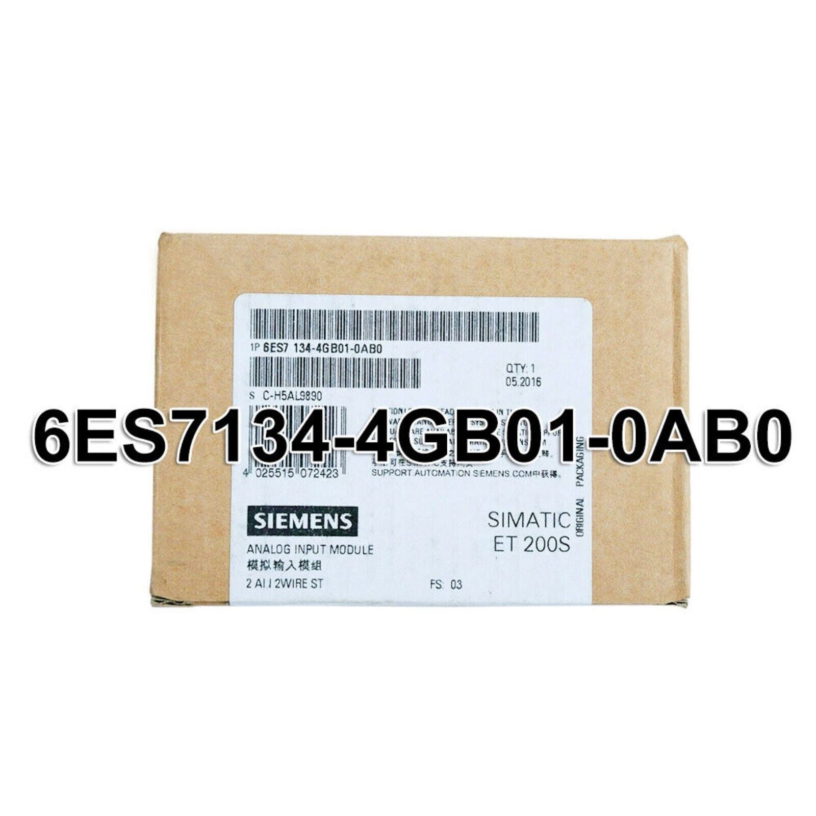 Siemens SIMATIC ET 200S 6ES7134-4GB01-0AB0 Analog Input Module packaging, industrial automation