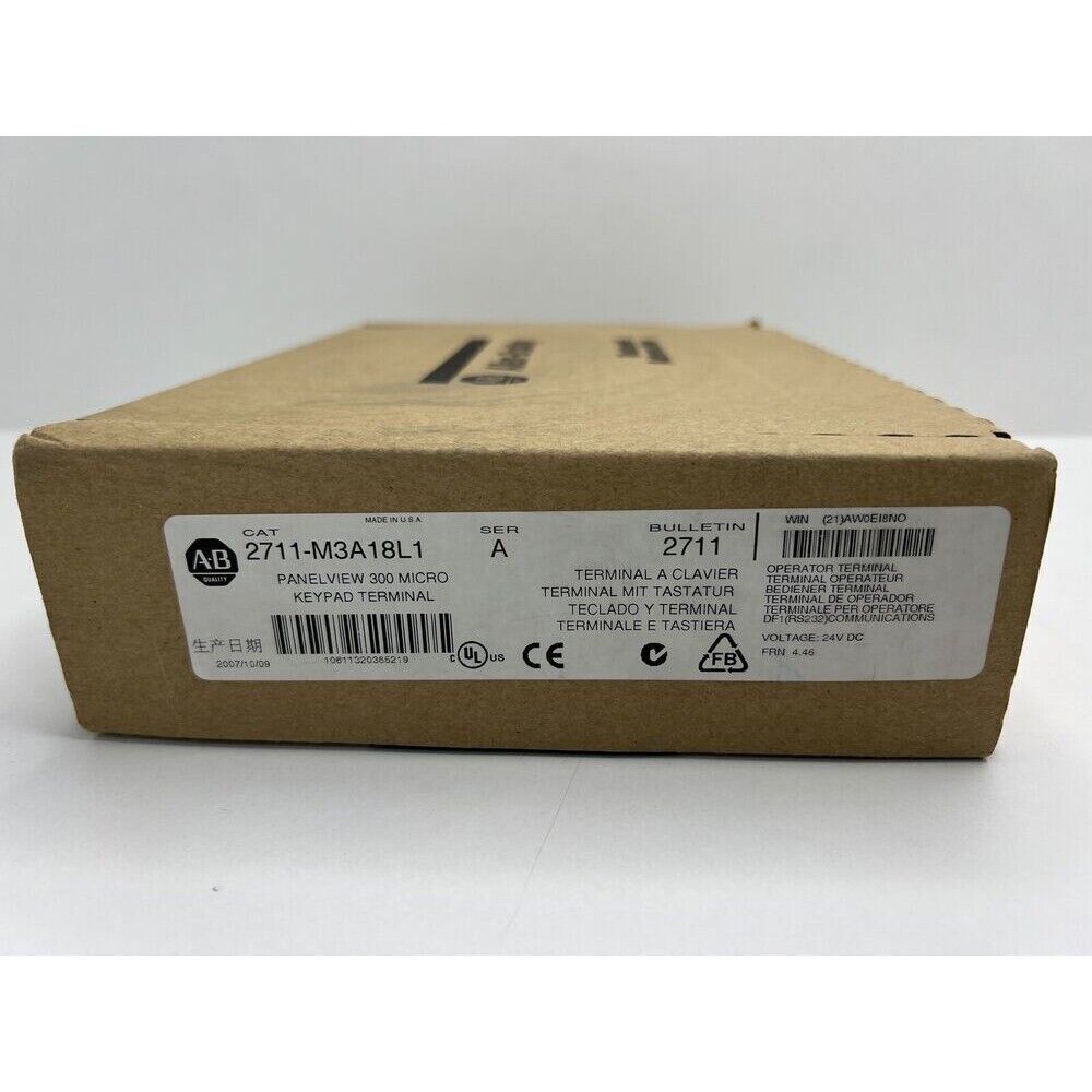 Allen-Bradley PanelView 300 Micro 2711-M3A18L1 keypad terminal product box detail, 24V DC.