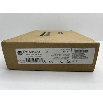 Allen-Bradley PanelView 300 Micro 2711-M3A18L1 keypad terminal product box detail, 24V DC.
