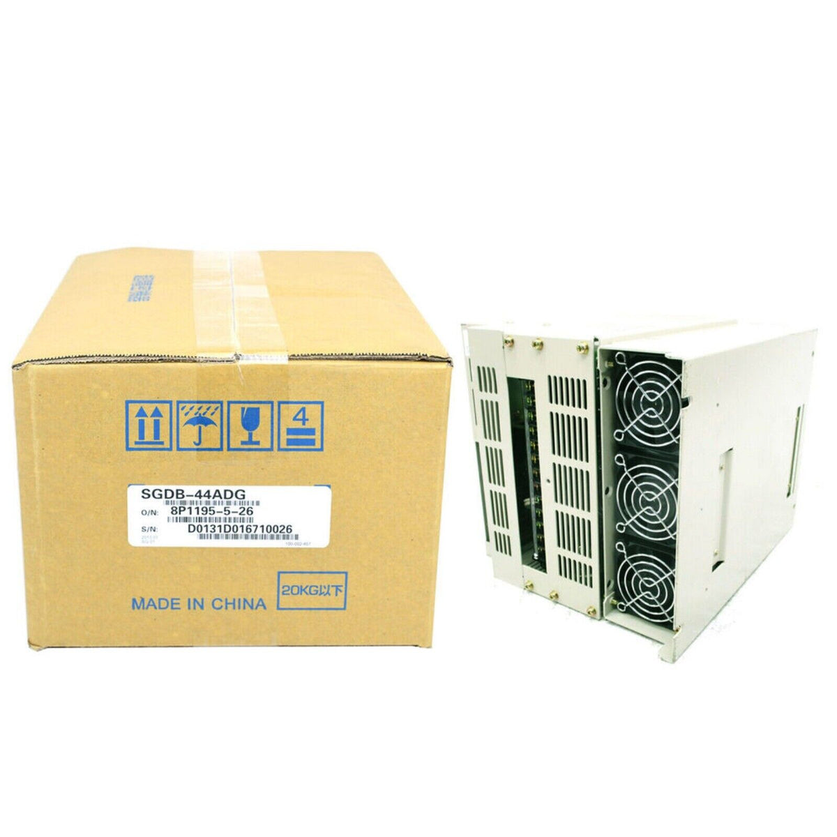 YASKAWA SGDB-44ADG servo drive, new in box, featuring a beige cardboard box and white servo drive module, Made in China.