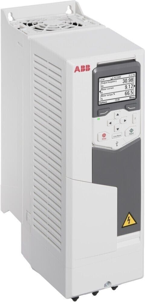 ABB ACS580 Inverter, white industrial drive with display showing frequency and motor data, 5.5kW.