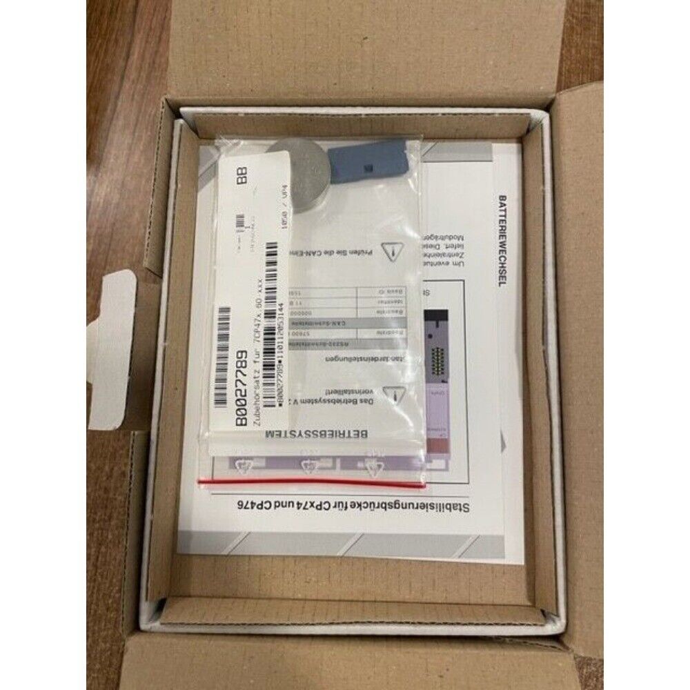 B&R 7CP474.60-1 PLC component package: battery, documentation, and CPx74/CP476 stabilization bridge.