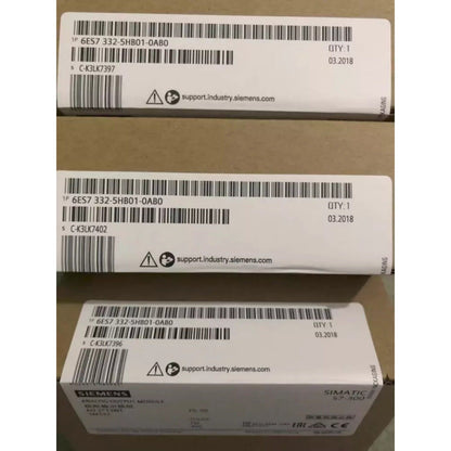 Siemens SIMATIC S7-300 analog output module boxes. Includes the product code 6ES7332-5HB01-0AB0.
