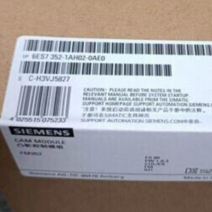 Siemens S7-300 FM 352 Cam Controller product box, part number 6ES7 352-1AH02-0AE0, industrial automation component.