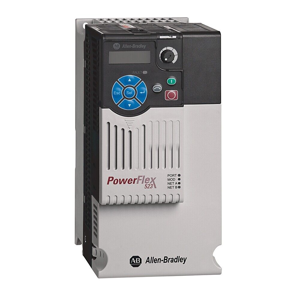 Allen-Bradley PowerFlex 523 AC Drive, industrial automation equipment, LCD display, control panel.