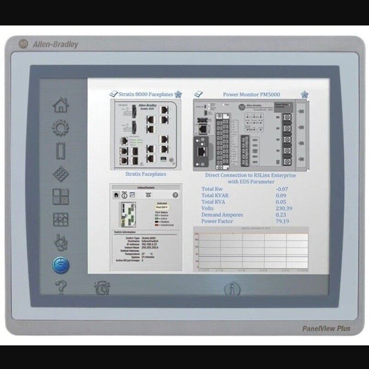 Allen-Bradley PanelView Plus HMI display: Stratix 8000 Faceplates and Power Monitor PM5000. Network and power data.