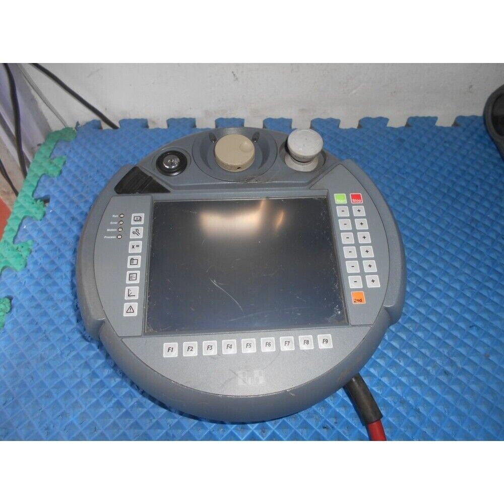 B&R 5MP050.0653-04 Industrial Mobile Panel, gray controller with screen, buttons, and knobs, with red cable. Untested