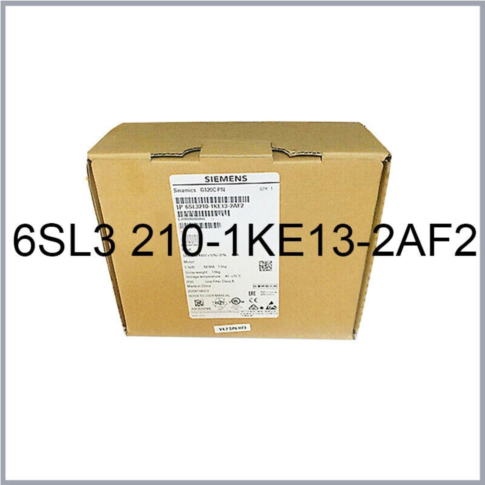Siemens SINAMICS G120C PLC module in cardboard box, product code 6SL3210-1KE13-2AF2, industrial automation component.