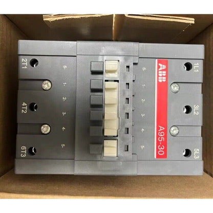 ABB A95-30 Contactor, industrial automation part, gray and cream color, side view.