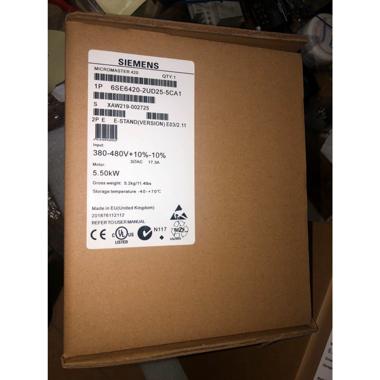 Siemens MICROMASTER 420 Frequency Converter in a cardboard box, model 6SE6420-2UD25-5CA1, industrial automation part.