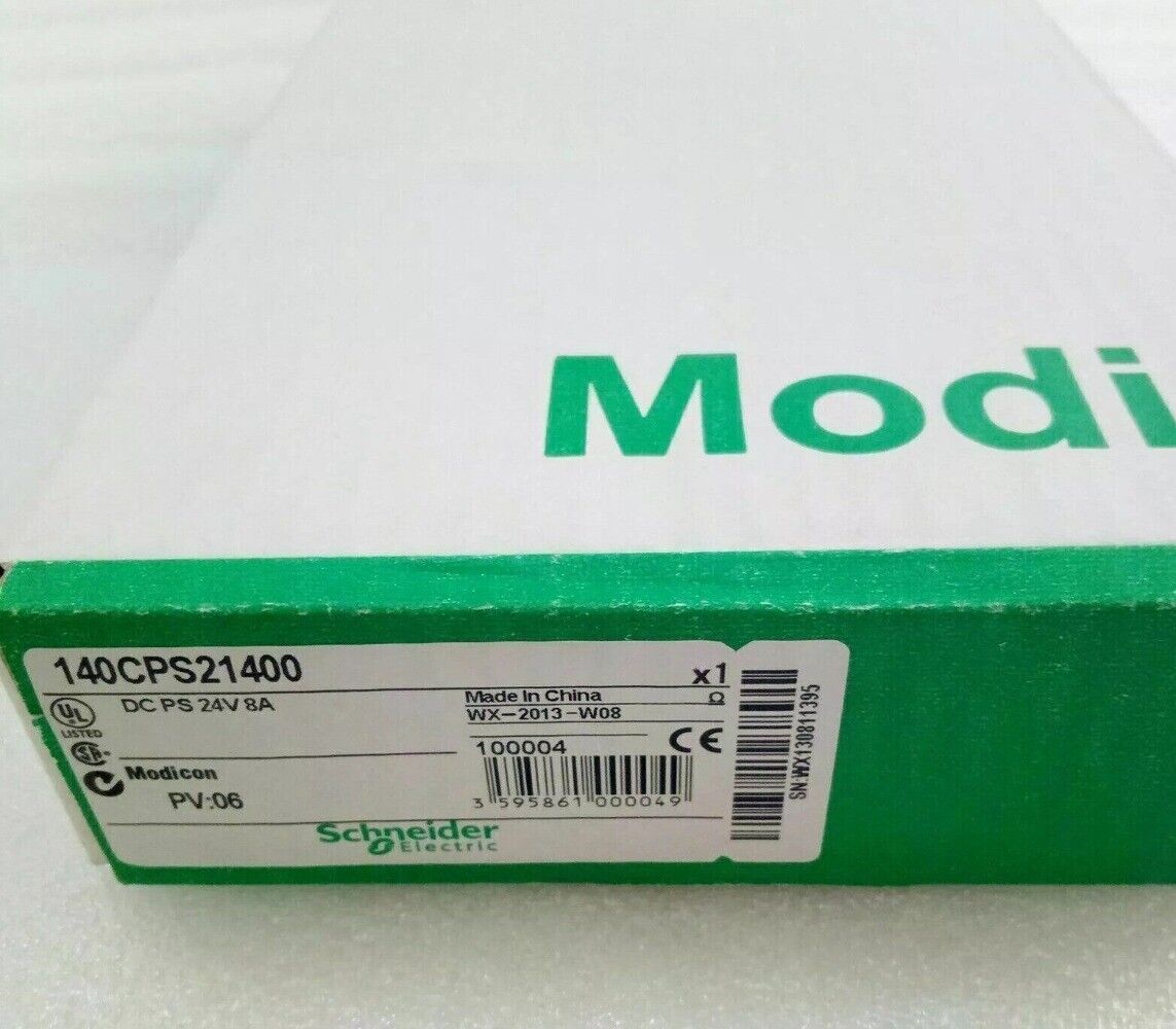 Schneider Electric 140CPS21400 Power Supply Unit (PSU) box, green and white, with product details and certifications.