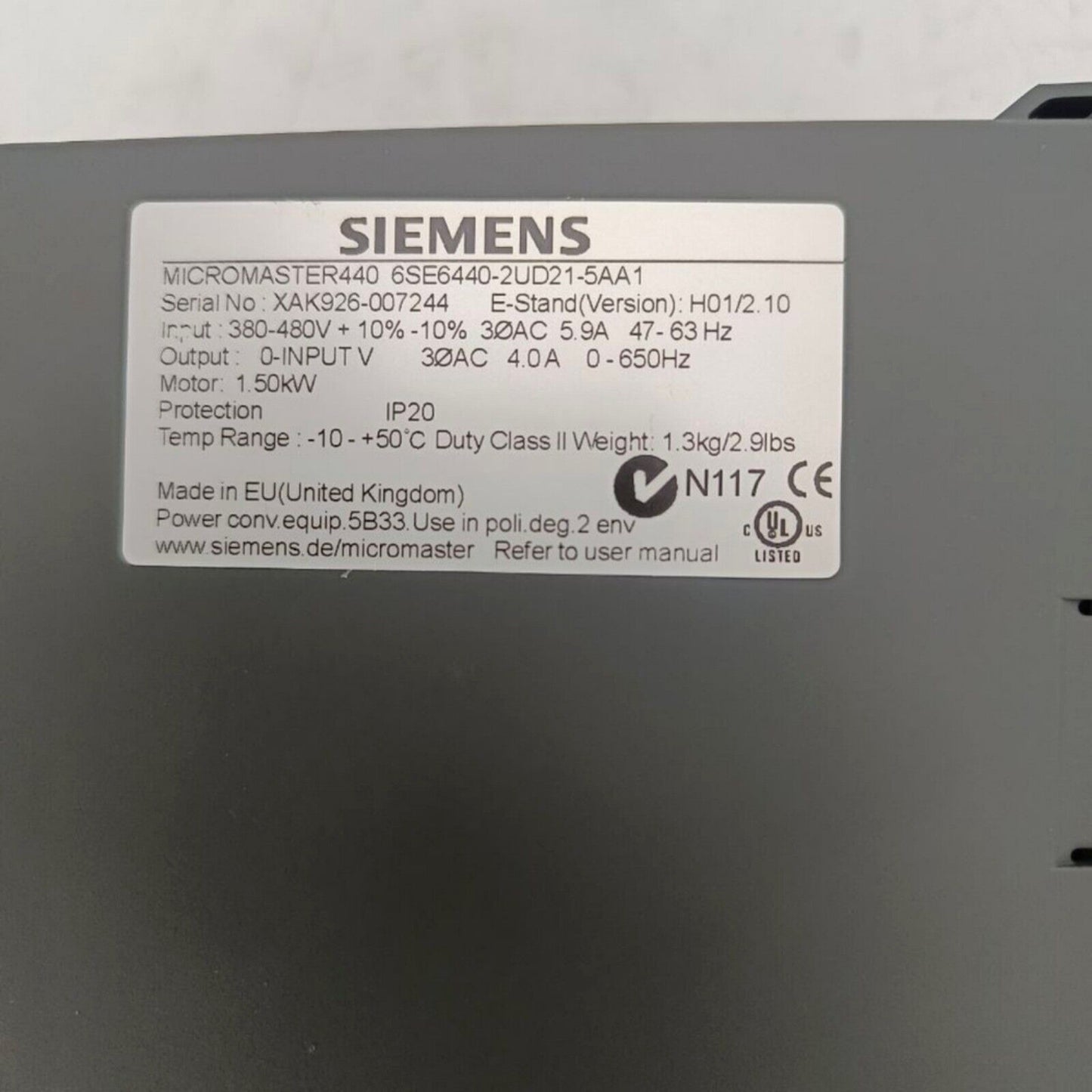 Variable Frequency Drive | Siemens | 6SE6440-2UD21-5AA1 6SE6 440-2UD21-5AA1 MICROMASTER440 without filter