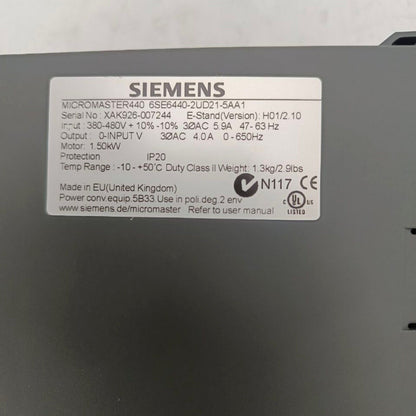 Variable Frequency Drive | Siemens | 6SE6440-2UD21-5AA1 6SE6 440-2UD21-5AA1 MICROMASTER440 without filter