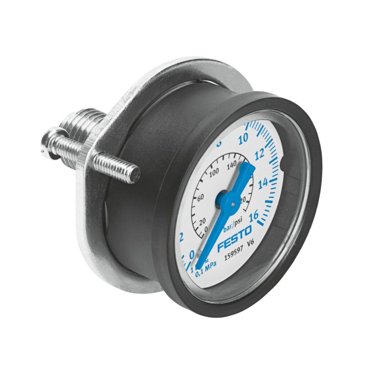 Festo FMA-40-16-1/4-EN Pressure Gauge. Black and silver industrial pressure gauge with a blue indicator. Displays bar/psi.