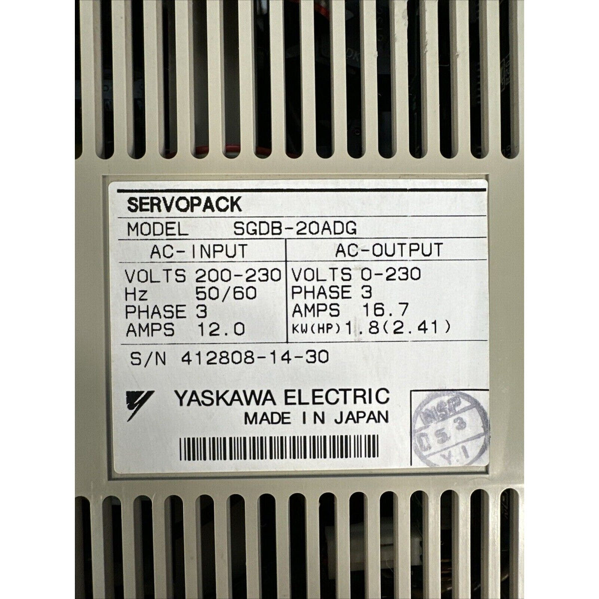 Yaskawa ServoPack SGDB-20ADG electric servo drive unit, with detailed specifications and made in Japan label.