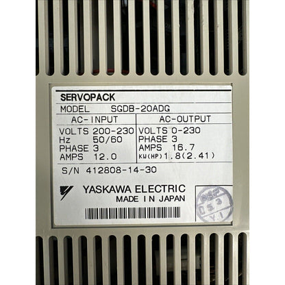 Yaskawa ServoPack SGDB-20ADG electric servo drive unit, with detailed specifications and made in Japan label.