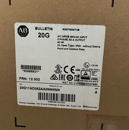 Allen-Bradley PowerFlex 755 AC Drive label, 480VAC input, 52A output, 40HP, with product information.