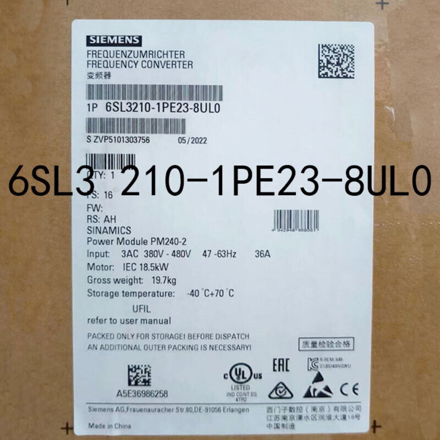 Siemens SINAMICS G120 6SL3210-1PE23-8UL0 power module with 18.5kW output and 38A input voltage 3AC 380-480V.
