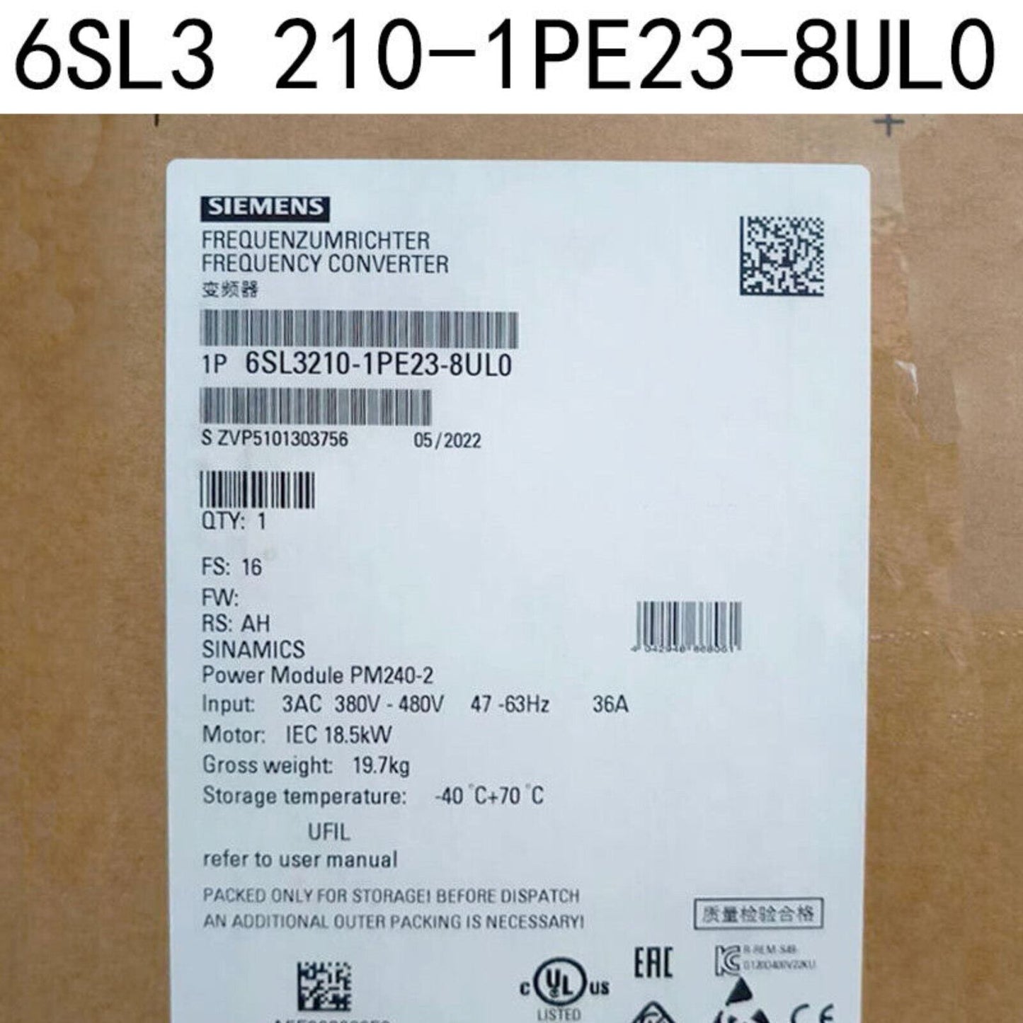 Siemens SINAMICS G120 Power Module 6SL3210-1PE23-8UL0, 18.5kW, 36A output, 3AC 380-480V input.
