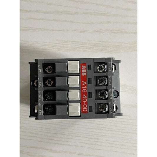 ABB A16-40-00 Contactor. Industrial automation component with gray and white parts, identified with model number.