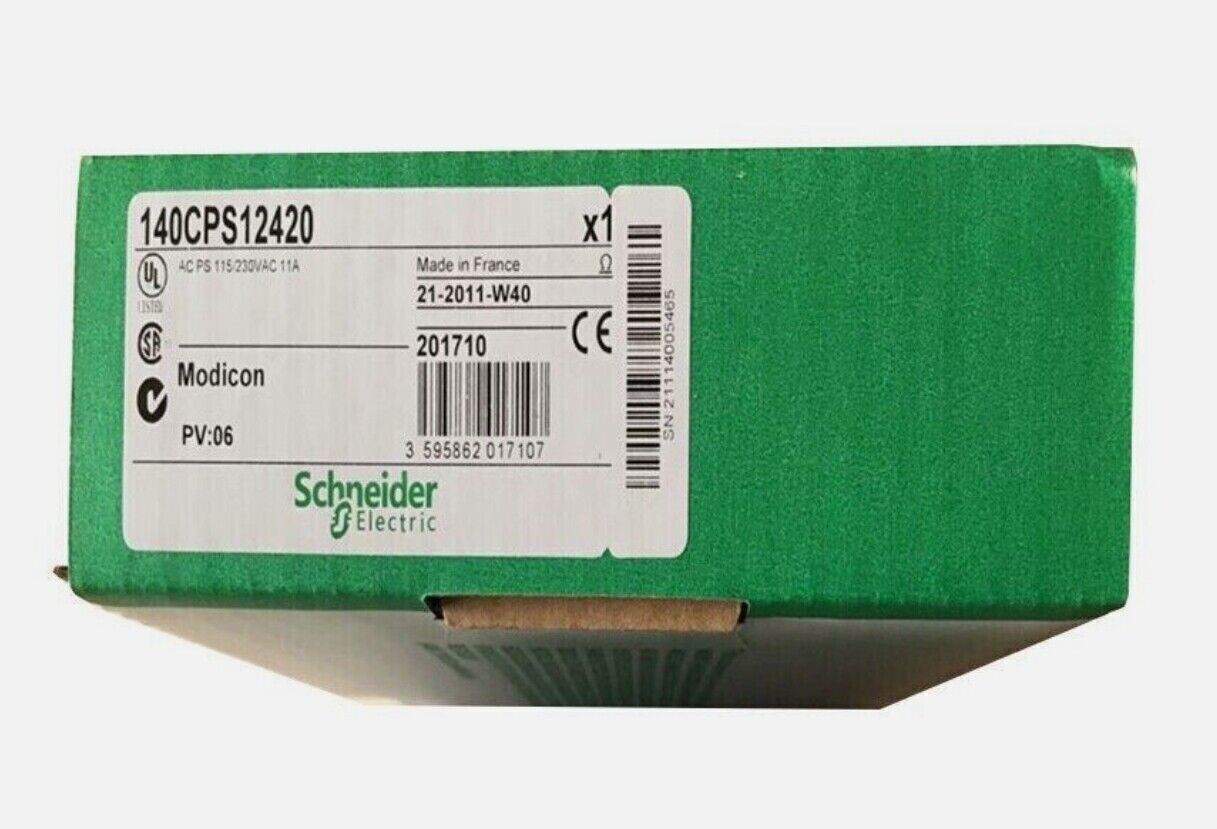 Schneider Electric 140CPS12420 power supply module box, for Modicon Quantum PLC, green and white label.