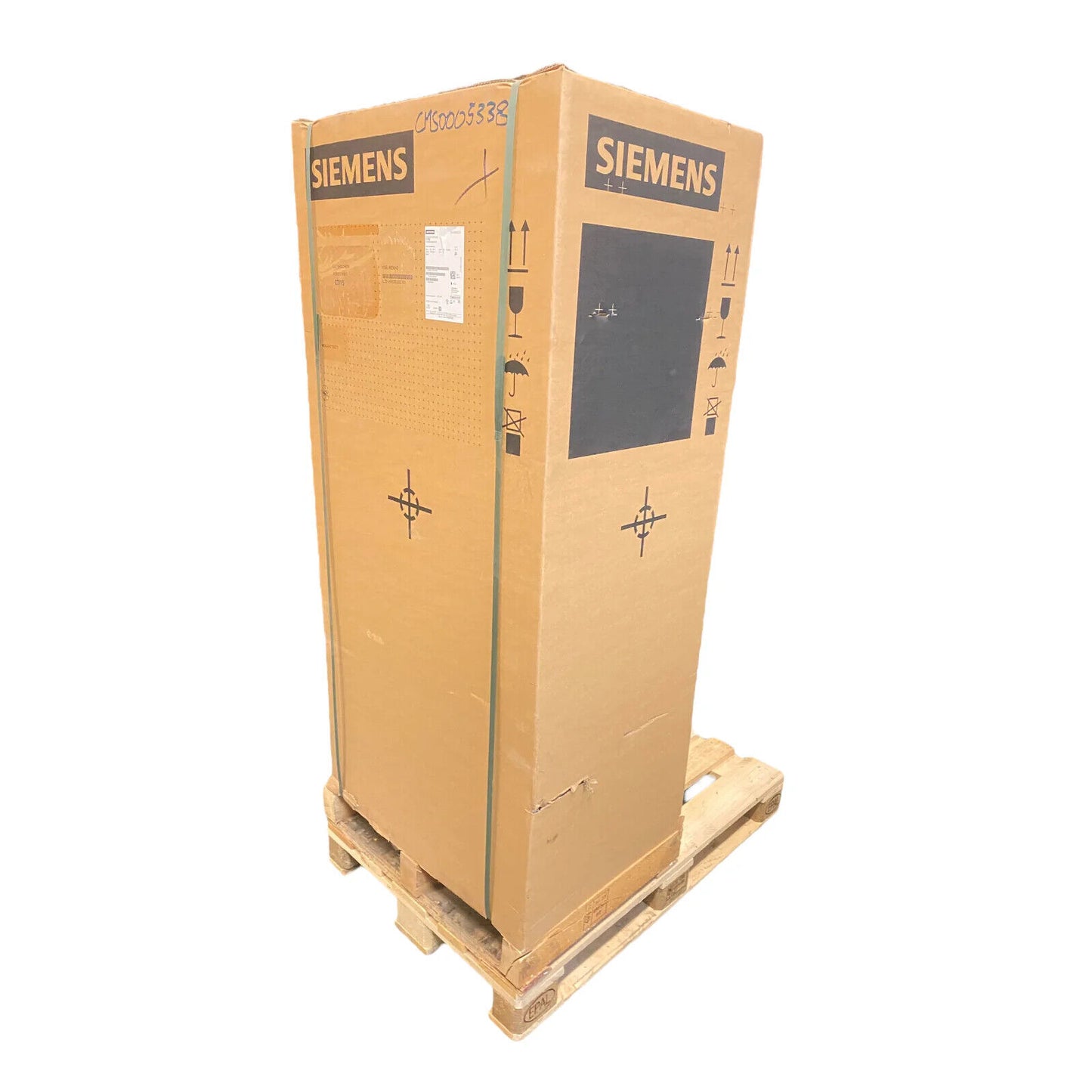 Siemens PLC module shipping box on pallet, featuring brand logo and model information.
