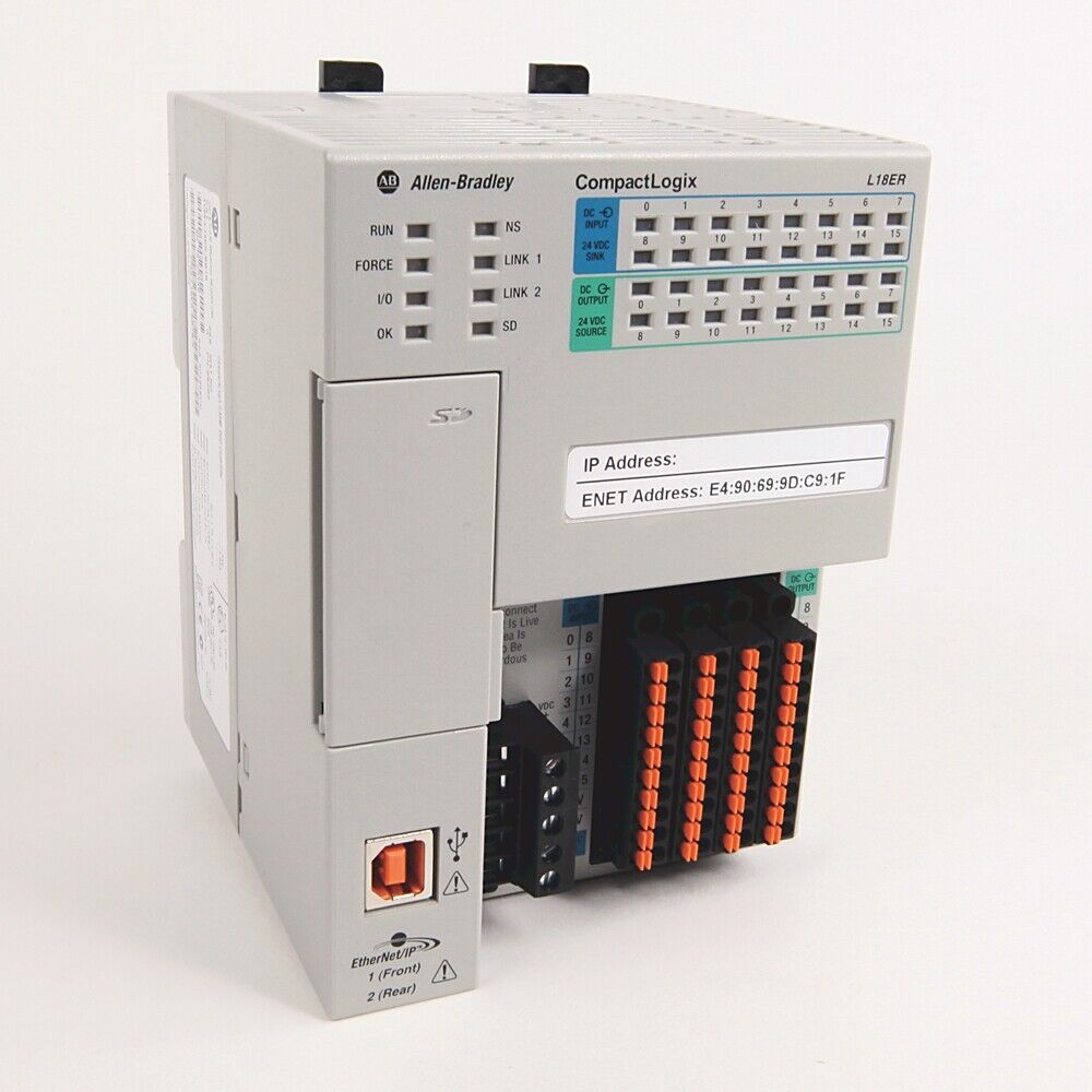 Allen-Bradley CompactLogix 1769-L24ER-QB1B Controller with Ethernet/IP ports, front view