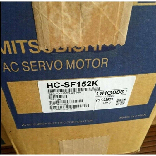 Mitsubishi HC-SF152K AC Servo Motor box, featuring product details, label, and Made in Japan.