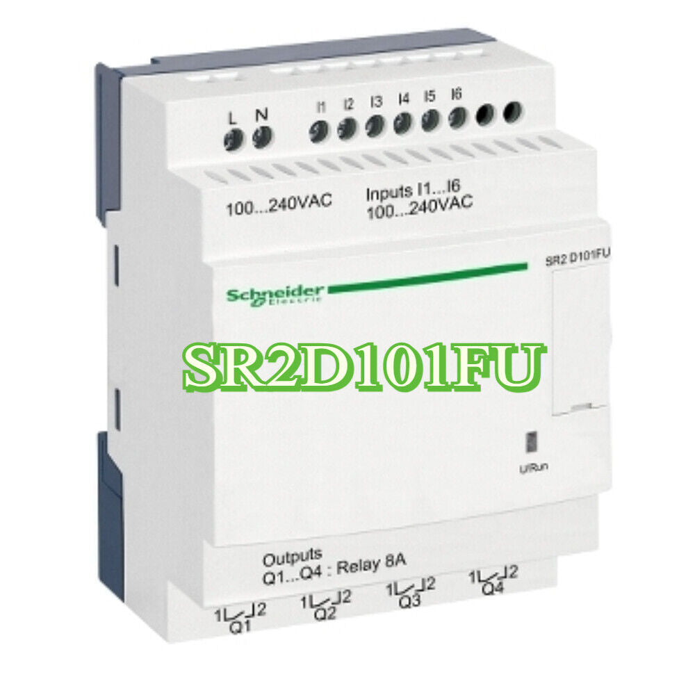 Schneider SR2D101FU Compact Smart Relay with 10 I/O, 100-240V AC, white relay unit with green text. Outputs Q1-Q4: Relay 8A