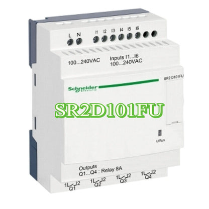 Schneider SR2D101FU Compact Smart Relay with 10 I/O, 100-240V AC, white relay unit with green text. Outputs Q1-Q4: Relay 8A
