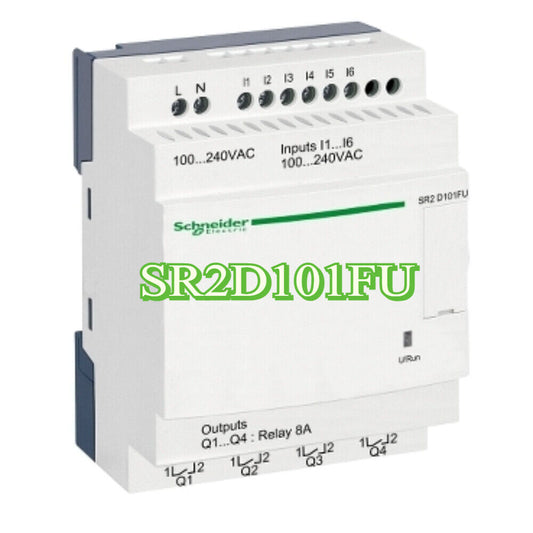Schneider SR2D101FU Compact Smart Relay with 10 I/O, 100-240V AC, white relay unit with green text. Outputs Q1-Q4: Relay 8A